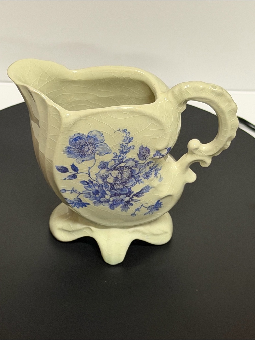 Ceramic Pitcher/Creamer- Cream and Blue with lots of crazing. Made in England